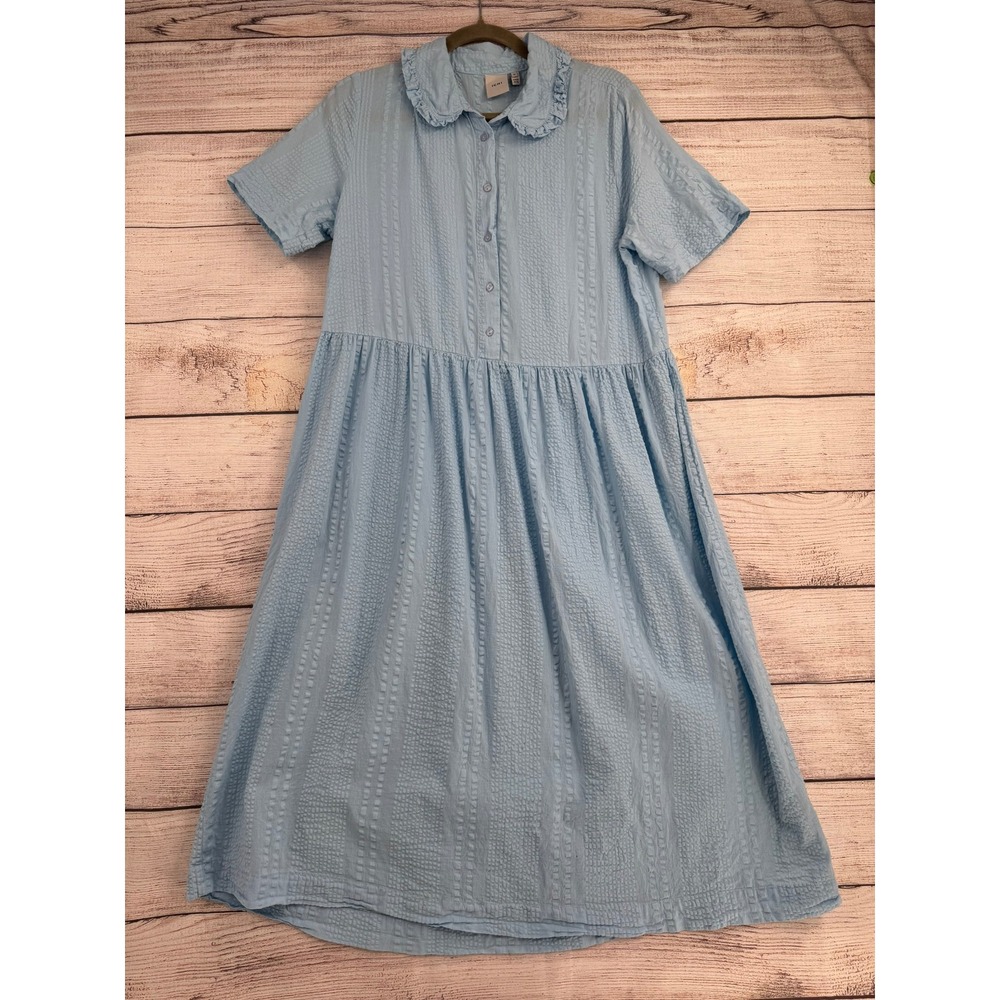 ICHI Dress Womens 38 Blue Seersucker Ruffle Collar IHCRYSA DR 20116455
